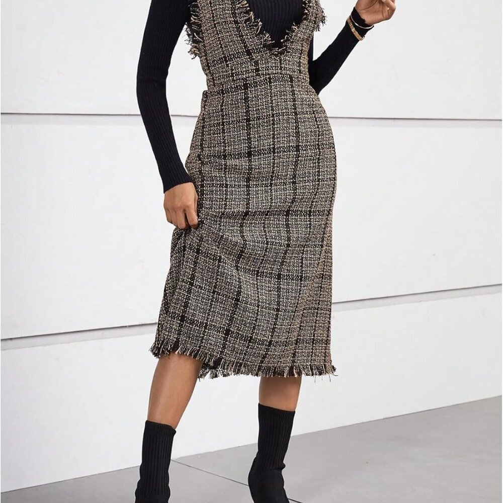 Women's Plaid Print Sleeveless V Neck Raw Trim Overall Dress Work Casual - Picture 4 of 4